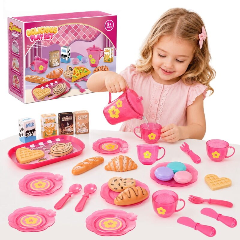Rirool 33-Piece Pink Dessert Pretend Play Tea Set, Kids Kitchen Toy with Cakes, Cups, Plates, Utensils, Play Food Accessories for Girls Boys Ages 3+, Birthday Christmas Party Gift