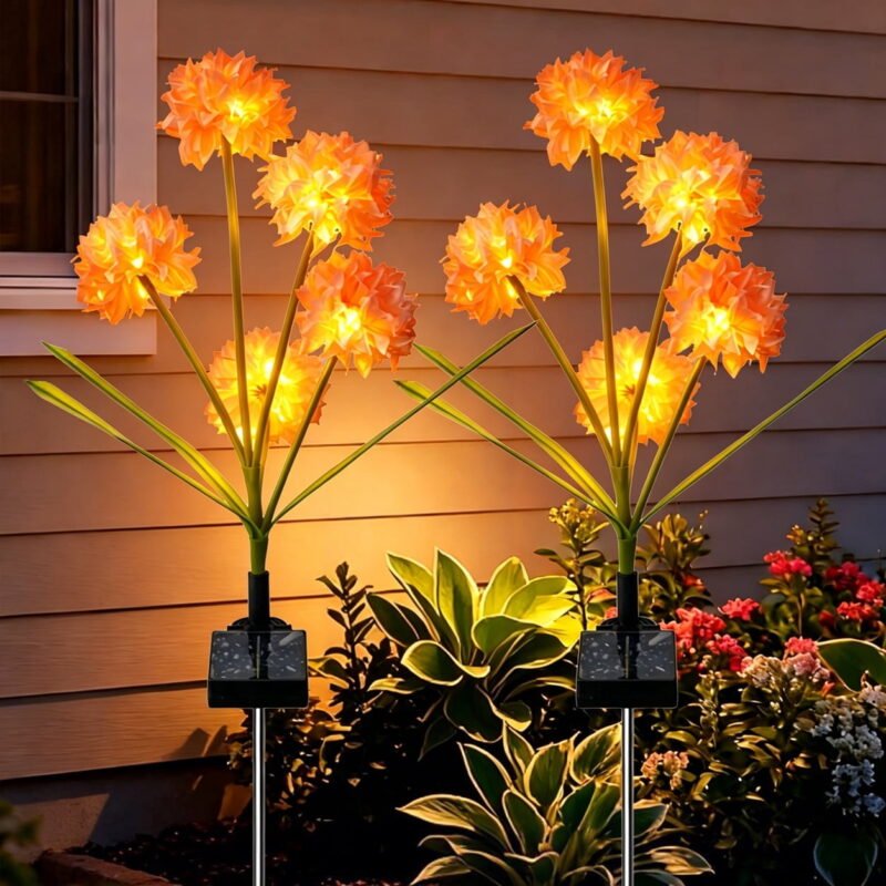 Rirool Solar Orange Hydrangea Garden Stake Lights, 3-Head Warm White LED Outdoor Waterproof Flower Pathway Lights for Yard Lawn Patio, Dusk-to-Dawn Decorative Landscape Lights, 2 Pack