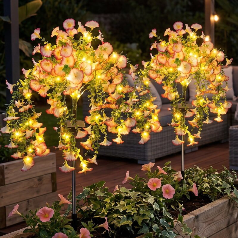 Rirool Solar Morning Glory Lights Outdoor 2 Pack, Hanging Flower Solar Lights with Warm White LED, IP65 Waterproof Solar Garden Lights Auto On/Off for Yard Patio Lawn Decoration