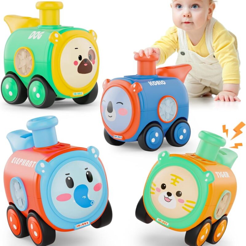 Rirool Baby Train Car Toys 4PCS, Press to Go Push Cars with Whistle Sound, No Battery Toddler Vehicle Toy Set for Boys Girls Ages 1-3