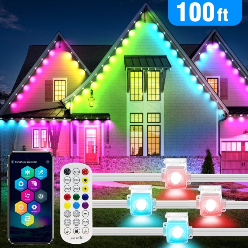 Rirool Permanent Outdoor Lights 100ft, Smart RGB App Control Eave Lights with 60 LEDs, IP67 Waterproof House Roof Lighting for Christmas, Halloween & Party
