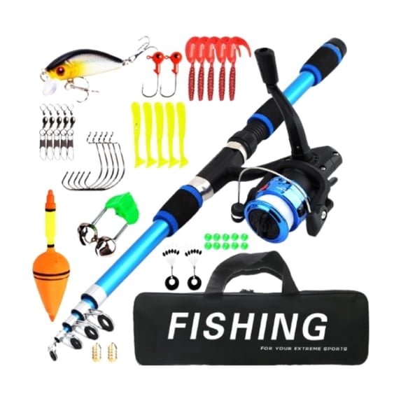 Rirool Kids Fishing Pole Set Blue, 1.8m Telescopic Rod and Spinning Reel Combo with Tackle Box, Carry Bag, Lures and Accessories, Beginner Fishing Gear Gift for Boys Girls Youth