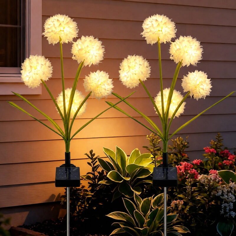 Rirool Solar White Hydrangea Garden Stake Lights, 3-Head Warm White LED Outdoor Waterproof Flower Pathway Lights for Yard Lawn Patio, Classic Dusk-to-Dawn Landscape Decor, 2 Pack