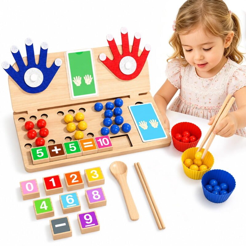 Rirool Montessori Math Counting Toy for Kids, Wooden Number Beads Board with Finger Models, Sorting Bowls, Tweezers and Activity Cards, Early Learning Educational Gift for Boys Girls