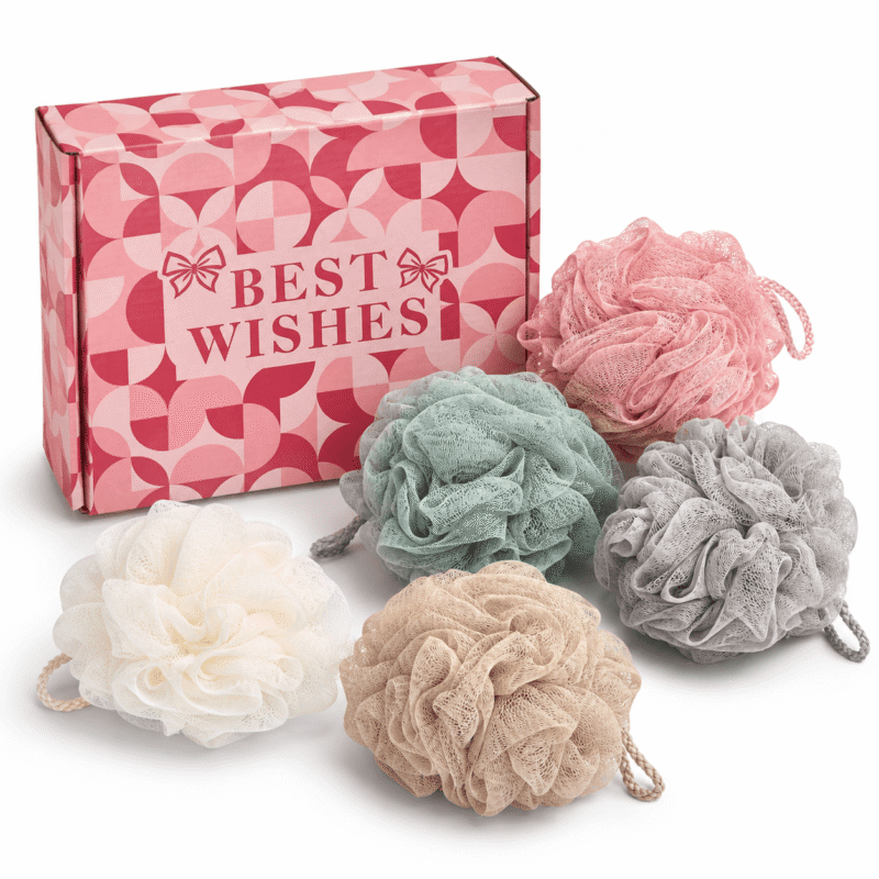 Rirool Loofah Bath Sponge 5 Pack, Large Exfoliating Shower Pouf Set with Gift Box, Soft Mesh Body Scrubber for Women Men, Assorted Colors Bath Sponges