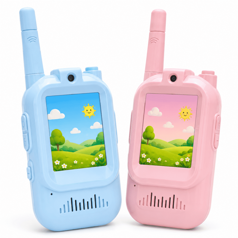 Rirool Kids Video Walkie Talkies 2 Pack, Rechargeable Long Range Two Way Radios with Color Screen, Voice & Video Call, 3 Channels, Type-C Charging, Blue/Pink