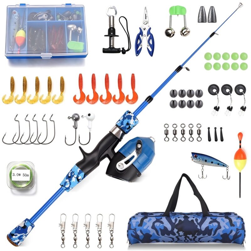 Rirool Kids Fishing Pole Set Blue, 1.5m Telescopic Rod and Spincast Reel Combo with Tackle Box, Carry Bag, Lures and Accessories, Beginner Fishing Gear Gift for Boys Girls Youth