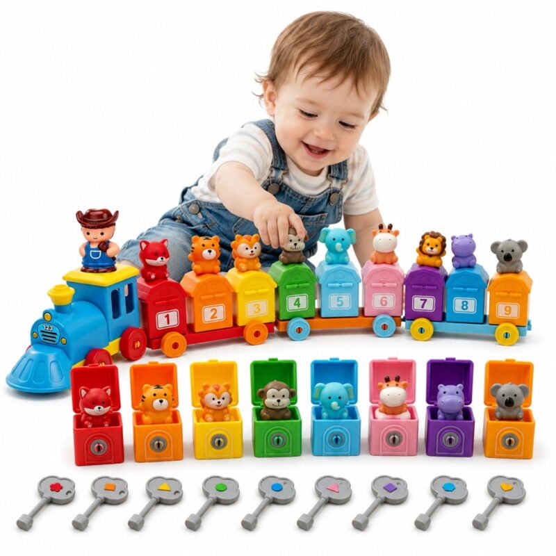 Rirool Toddler Learning Toys for 2 3 4 Year Old Boys Girls, Montessori Farm Train Sorting Toy with Number Barns Animal Finger Puppets Keys Lock & Unlock Matching Game for Kids Ages 2-5