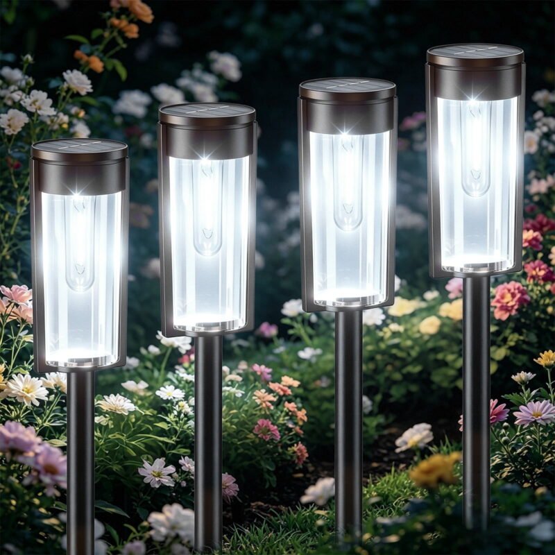 Rirool Solar Pathway Lights Outdoor 4 Pack, 6000K Warm White LED Landscape Lights, IP65 Waterproof Solar Garden Lights Auto On/Off for Walkway Driveway Yard Patio
