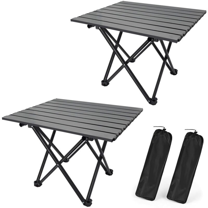 Rirool 2-Pack Medium Black Foldable Camping Tables, 22.1-Inch Portable Metal Beach Side Tables with Carry Bags for Picnic, BBQ, Cooking, Festival, Boat, Patio, Travel and Outdoor Use