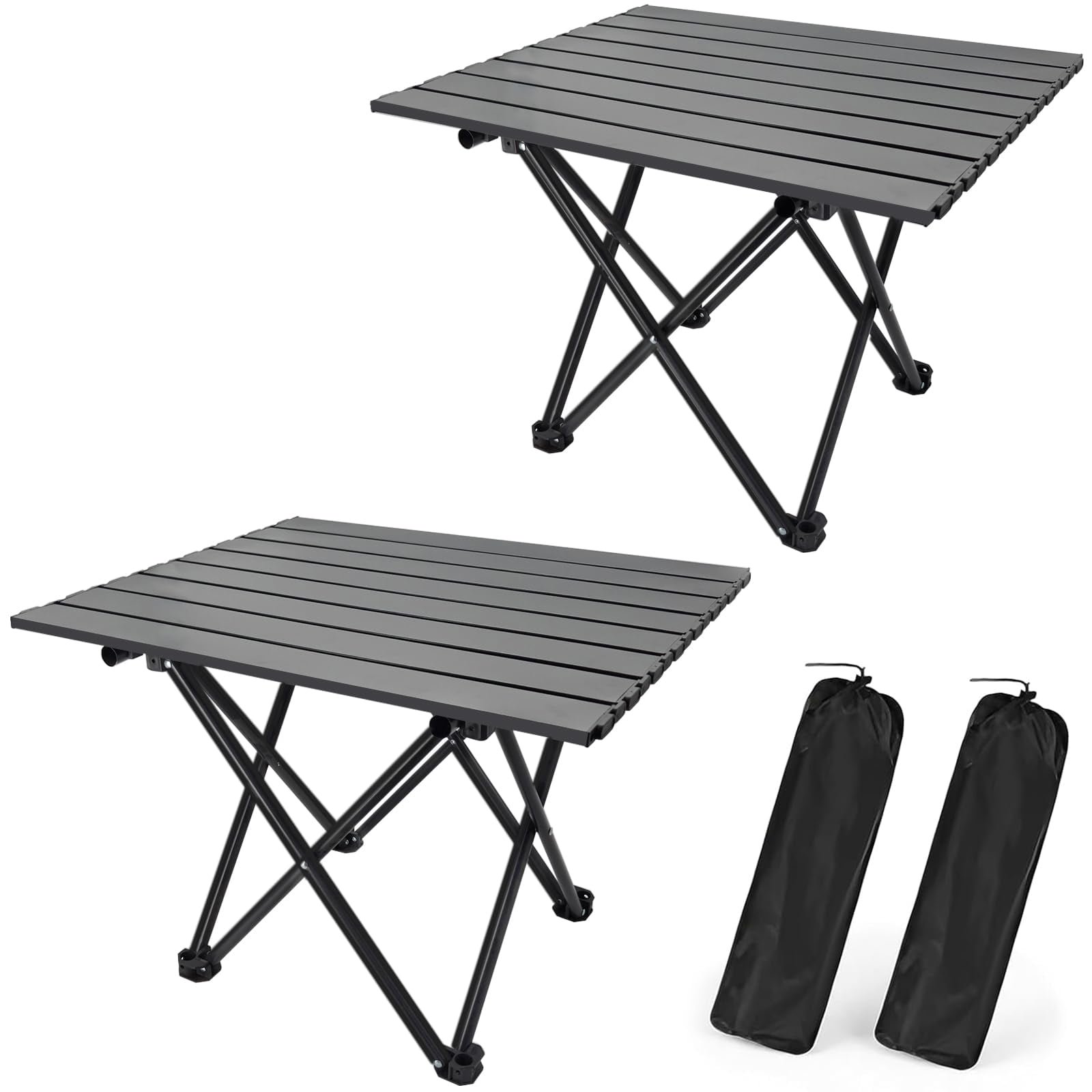 Rirool 2-Pack Medium Black Foldable Camping Tables, 22.1-Inch Portable Metal Beach Side Tables with Carry Bags for Picnic, BBQ, Cooking, Festival, Boat, Patio, Travel and Outdoor Use