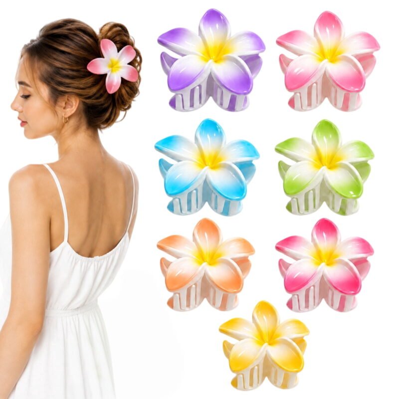 Rirool 7-Pack Gradient Plumeria Flower Claw Clips for Women, 3.15-Inch Colorful Tropical Floral Hair Clips for Buns, Half-Up Hairstyles, Beach Vacations, Summer Parties and Daily Wear