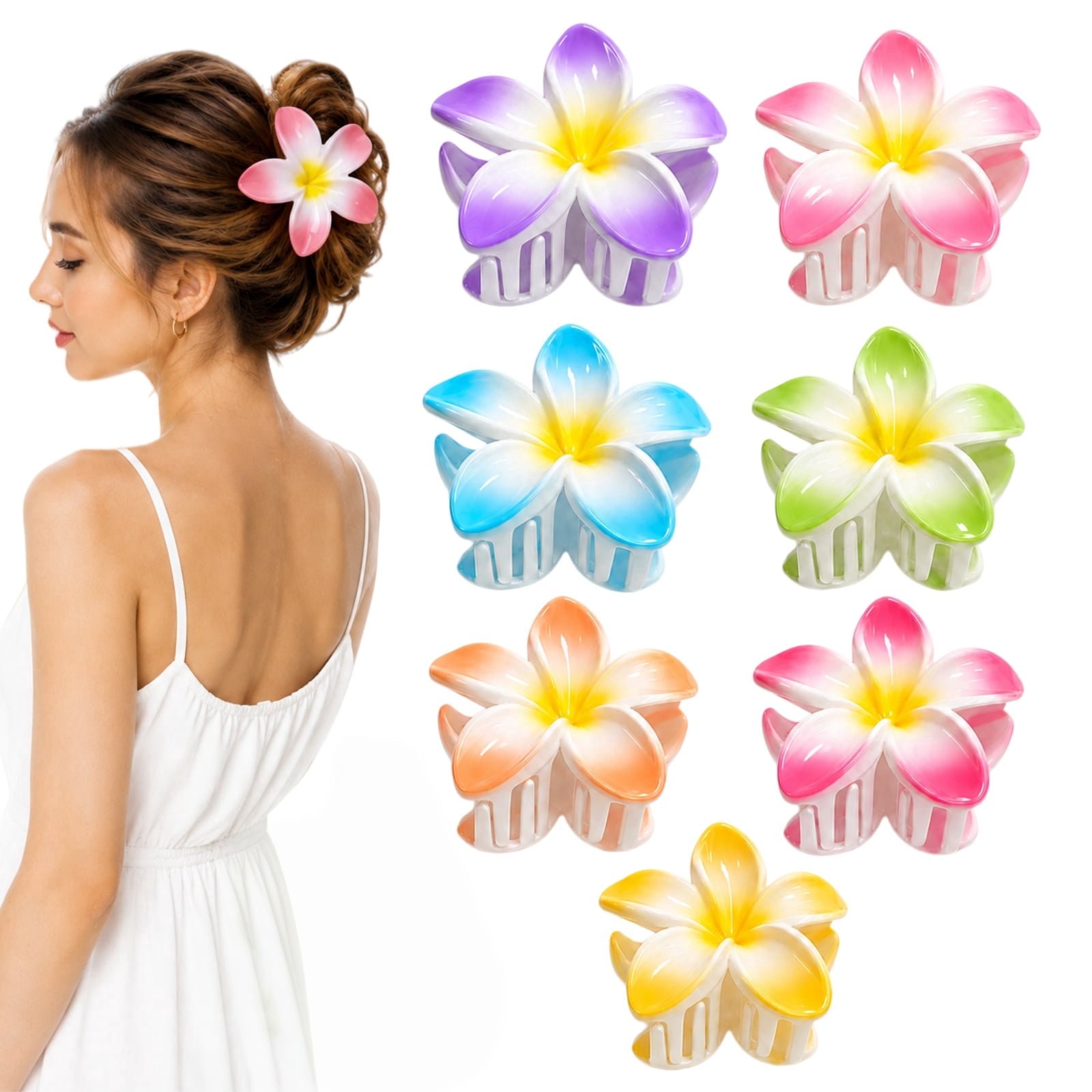 Rirool 7-Pack Gradient Plumeria Flower Claw Clips for Women, 3.15-Inch Colorful Tropical Floral Hair Clips for Buns, Half-Up Hairstyles, Beach Vacations, Summer Parties and Daily Wear