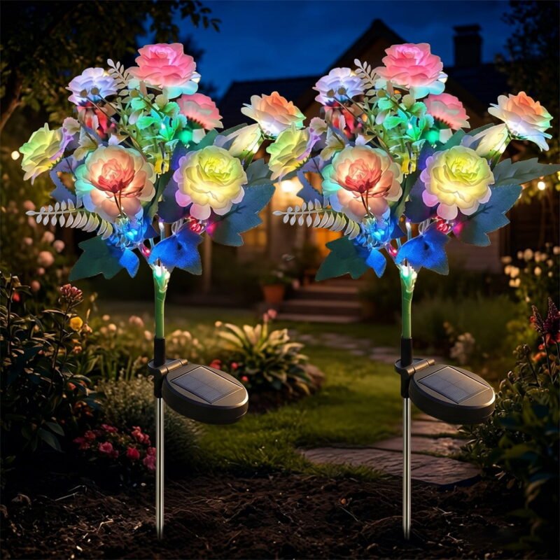 Rirool 2 Pack Solar Hibiscus Flower Lights Outdoor, Champagne Color Changing LED Garden Stake Lights, IP65 Waterproof Floral Decor for Patio Yard Pathway