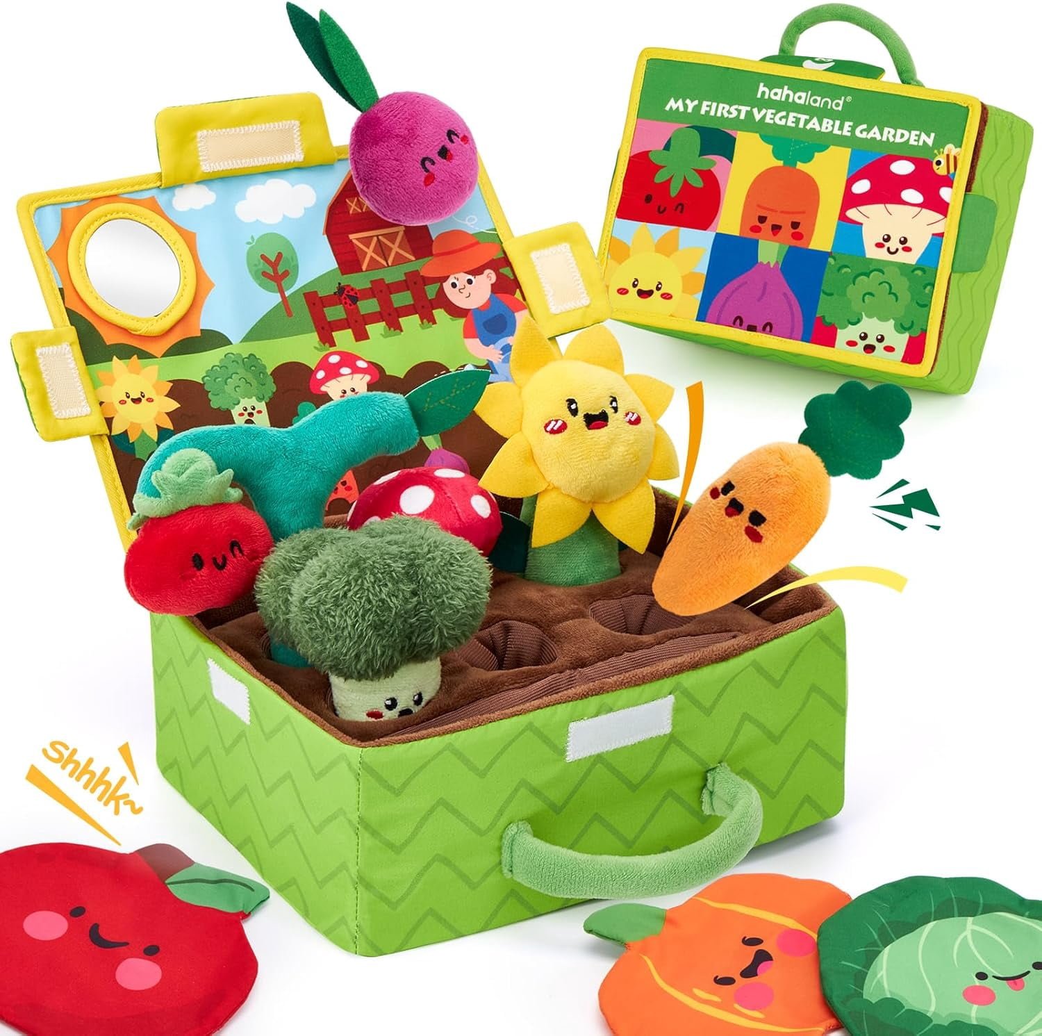 Baby Toys 6-12 Months - Fruits Vegetables Garden Plant Plush - 6 Month Old Toys Montessori Sensory Toy Carrot Flower with Rattles Mirror Squeaker Textures Crinkle Tissues, Baby Gifts 9 Month