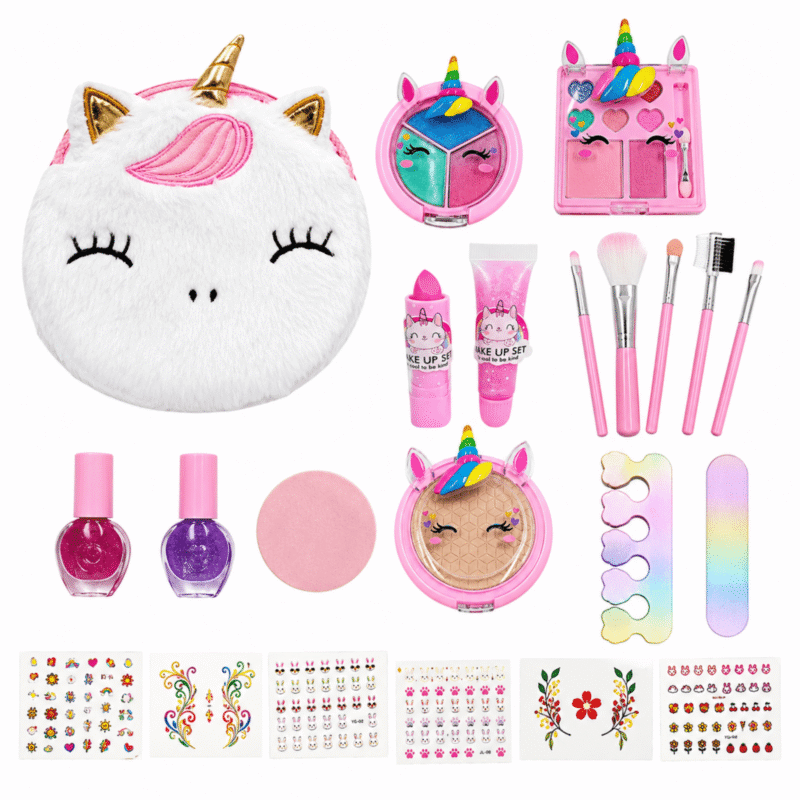 Rirool 22PCS Unicorn Makeup Kit for Girls, Kids Washable Pretend Makeup Set with Plush Bag, Lipstick, Lip Gloss, Eyeshadow, Brushes, Nail Polish, Glitter, Stickers, Birthday Gift