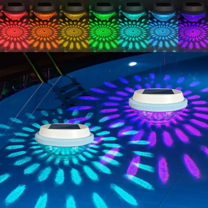 Rirool 2-Pack Solar Floating Pool Lights, 7-Color Changing Waterproof LED Lights with Decorative Ripple Projection and Dusk-to-Dawn Operation for Swimming Pool, Pond, Fountain and Garden
