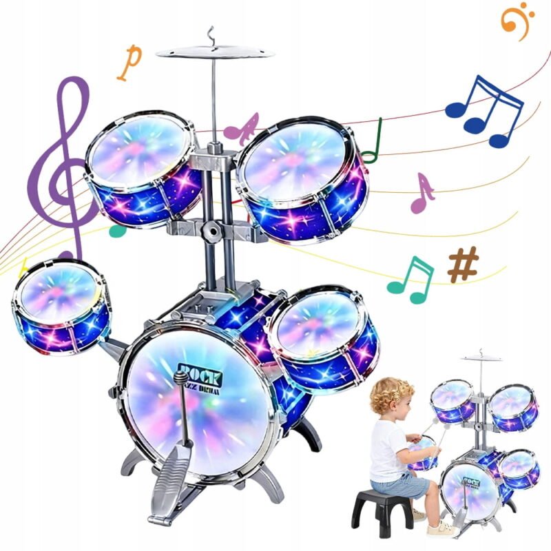 Rirool Kids 5-Drum Musical Play Set with Cymbal, Microphone, Stool, Bass Pedal and Drumsticks, Blue Galaxy Light-Up Toy Instrument Gift Kit for Boys and Girls Ages 3 Years and Up