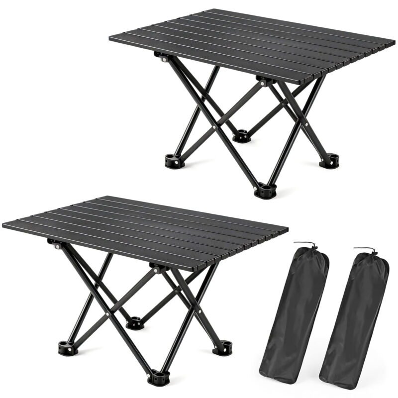 Rirool 2-Pack Large Black Foldable Camping Tables, 27.6-Inch Portable Metal Beach Side Tables with Carry Bags for Picnic, BBQ, Cooking, Festival, Boat, Patio, Travel and Outdoor Use