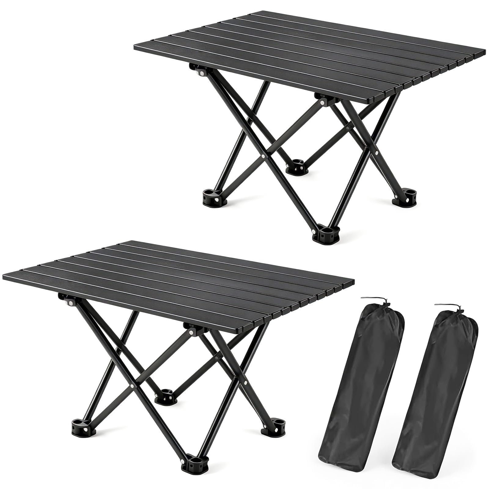 Rirool 2-Pack Large Black Foldable Camping Tables, 27.6-Inch Portable Metal Beach Side Tables with Carry Bags for Picnic, BBQ, Cooking, Festival, Boat, Patio, Travel and Outdoor Use