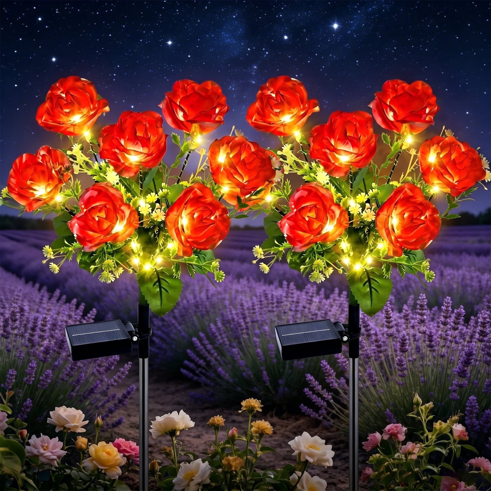 Rirool Solar Rose Garden Stake Lights, 7 Heads Red Flower Solar Lights Outdoor Waterproof, 8 Modes Decorative Lights for Yard Lawn Patio Pathway, 2 Pack