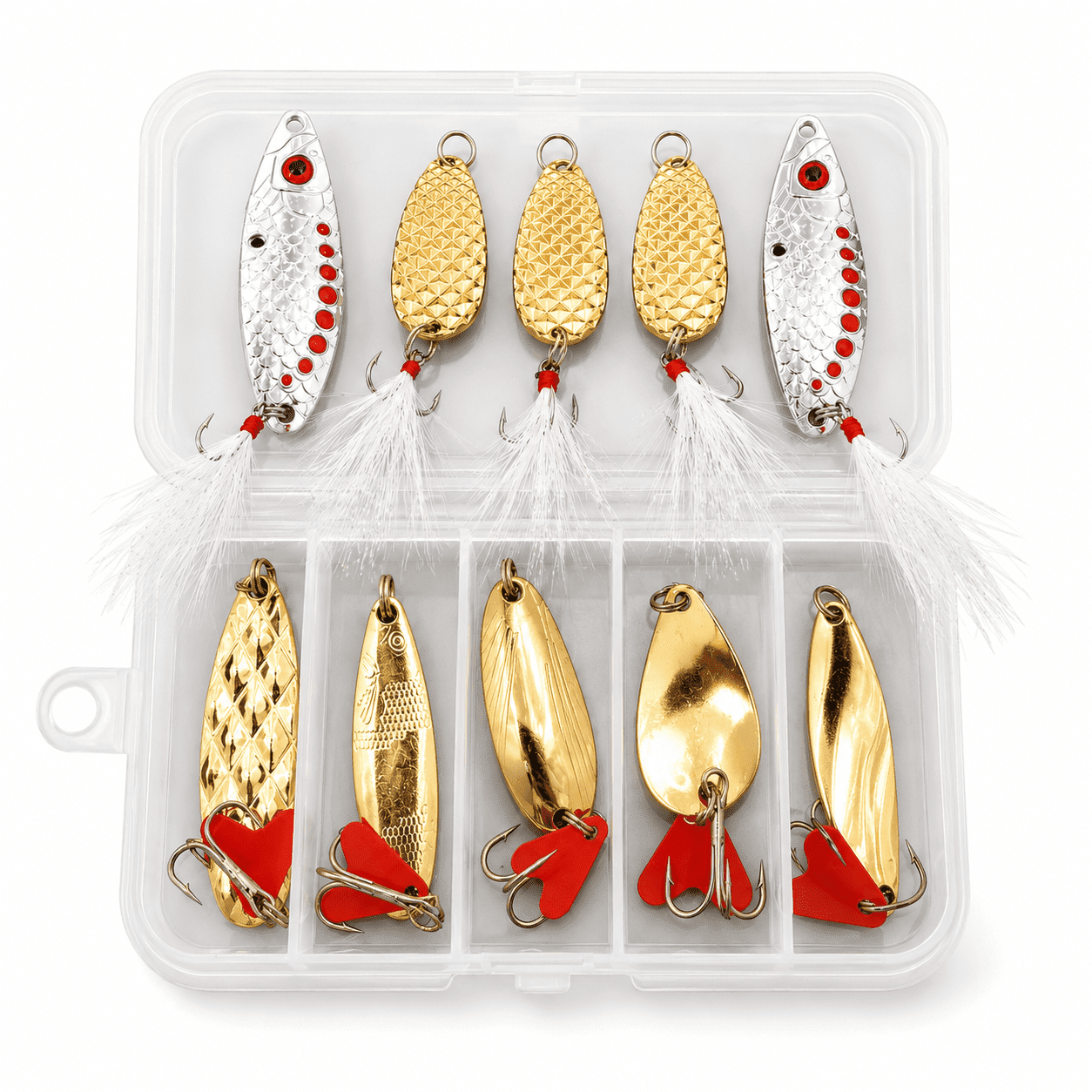 Rirool 10-Piece Fishing Lure Kit with Gold Silver Spinner Spoons, Treble Hooks, Feather Tails and Compact Tackle Box for Bass Trout Salmon, Freshwater Saltwater Casting and Outdoor Trips