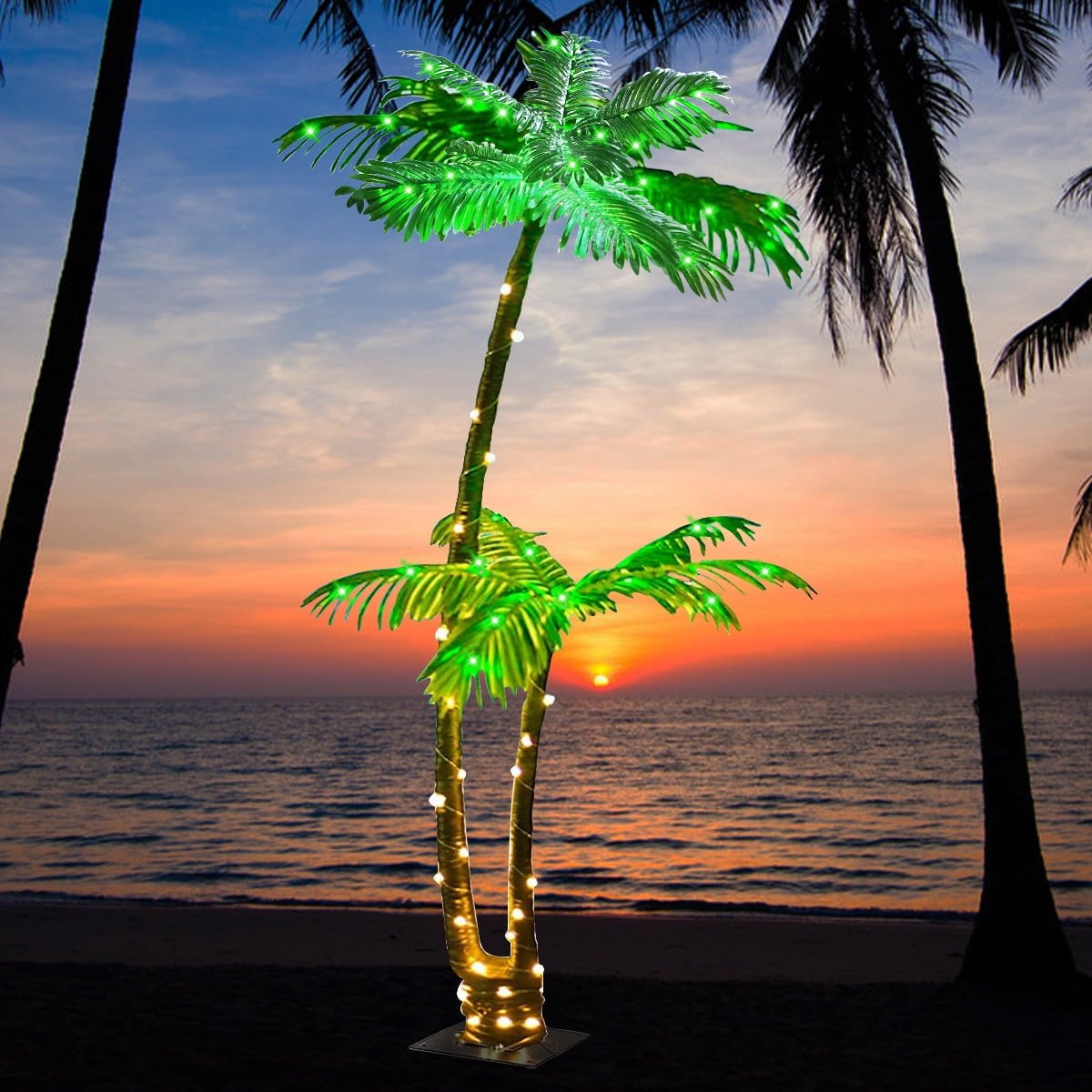6.9 Ft 202 LED Colorful Lighted Palm Trees with Remote Control, Outdoor Artificial Tropical Palm Tree Lights for Patio Pool Party Bar Christmas Decoration