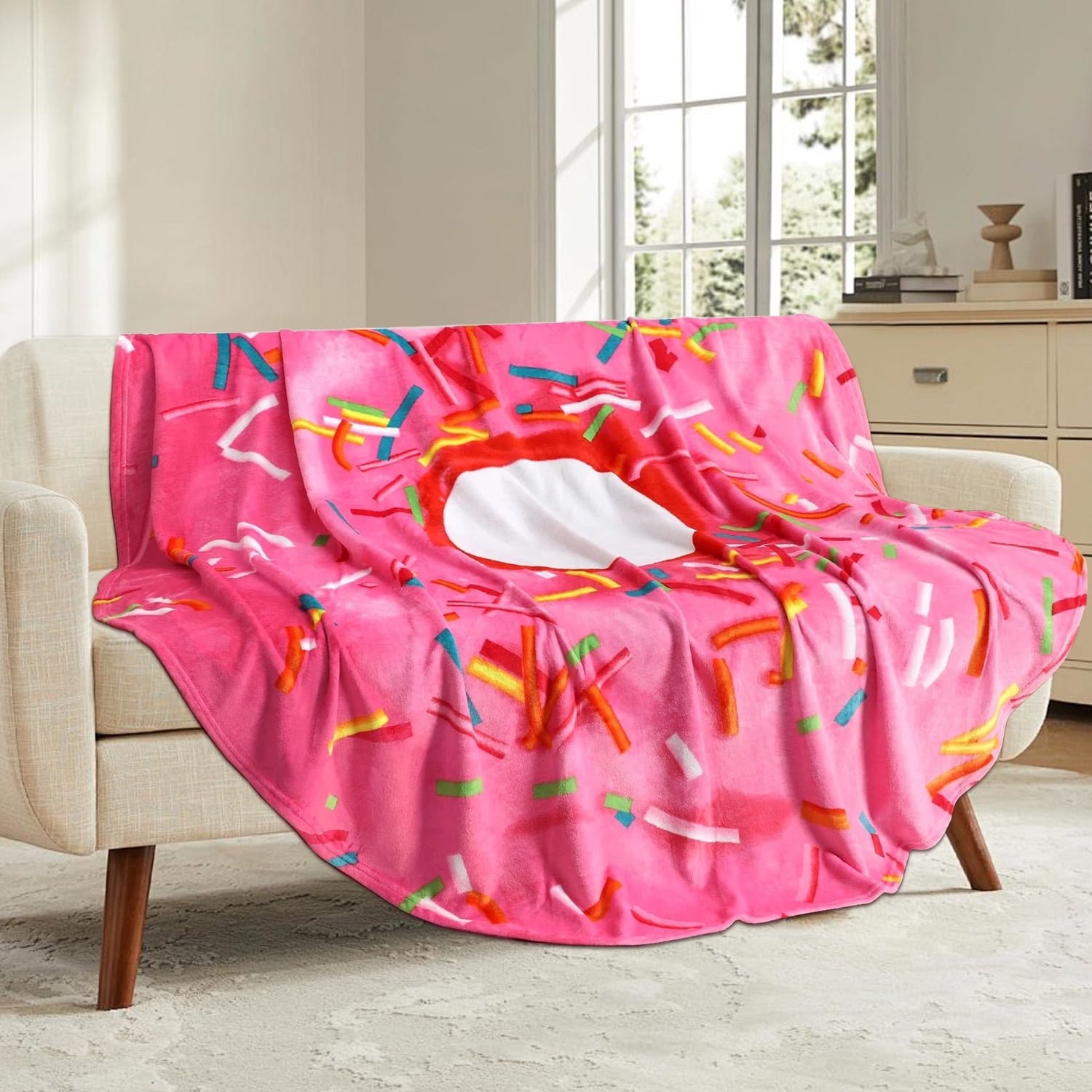 Rirool 71-inch Donut Blanket - Double-Sided Realistic Food Throw, Funny Pink Glazed Donut Fleece Blanket for Adults/Kids, Novelty Gift for Christmas & Birthdays
