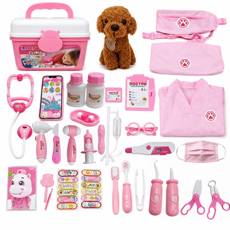Rirool Pretend Doctor and Dentist Kit for Kids with Doctor Coat, Stethoscope, Examination Tools, Dental Accessories, Plush Pet Patient and Carry Case for Boys and Girls Ages 3+