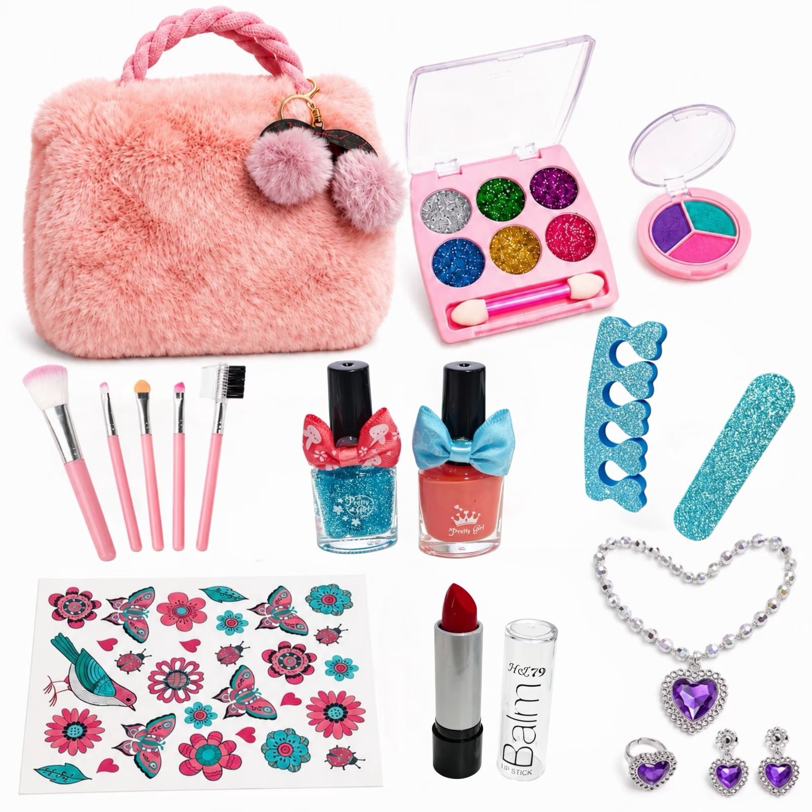 Rirool Girls Pretend Makeup Set with Pink Plush Purse, Nail Art and Jewelry, Ages 3+