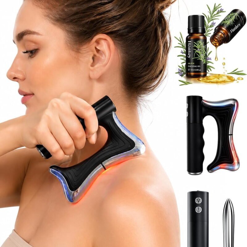 Rirool 3-in-1 Heated Muscle Scraper Tool with Vibration and Microcurrent, Rechargeable Full Body Fascia Massager with Type-C Charging for Arms, Back, Neck, Legs and Feet, Black
