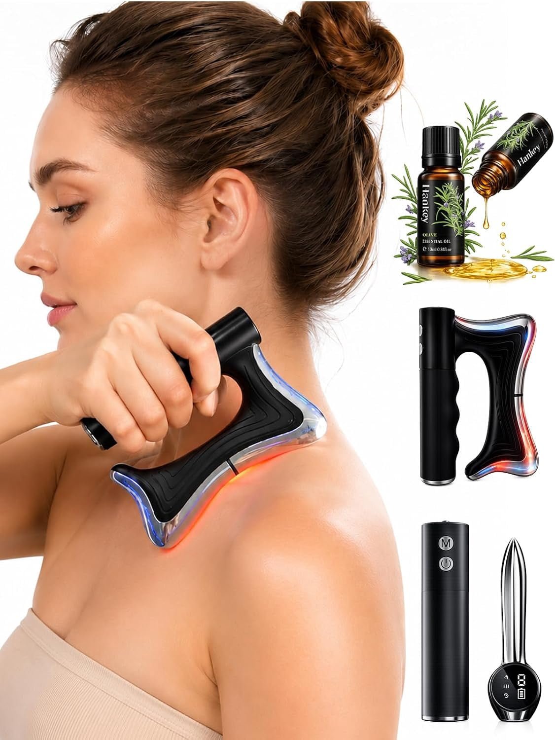 Rirool 3-in-1 Heated Muscle Scraper Tool with Vibration and Microcurrent, Rechargeable Full Body Fascia Massager with Type-C Charging for Arms, Back, Neck, Legs and Feet, Black