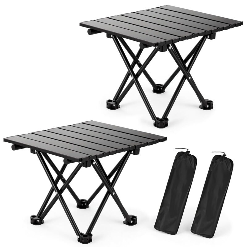 Rirool 2-Pack Small Black Foldable Camping Tables, 16.4-Inch Portable Metal Beach Side Tables with Carry Bags for Picnic, BBQ, Cooking, Festival, Boat, Patio, Travel and Outdoor Use