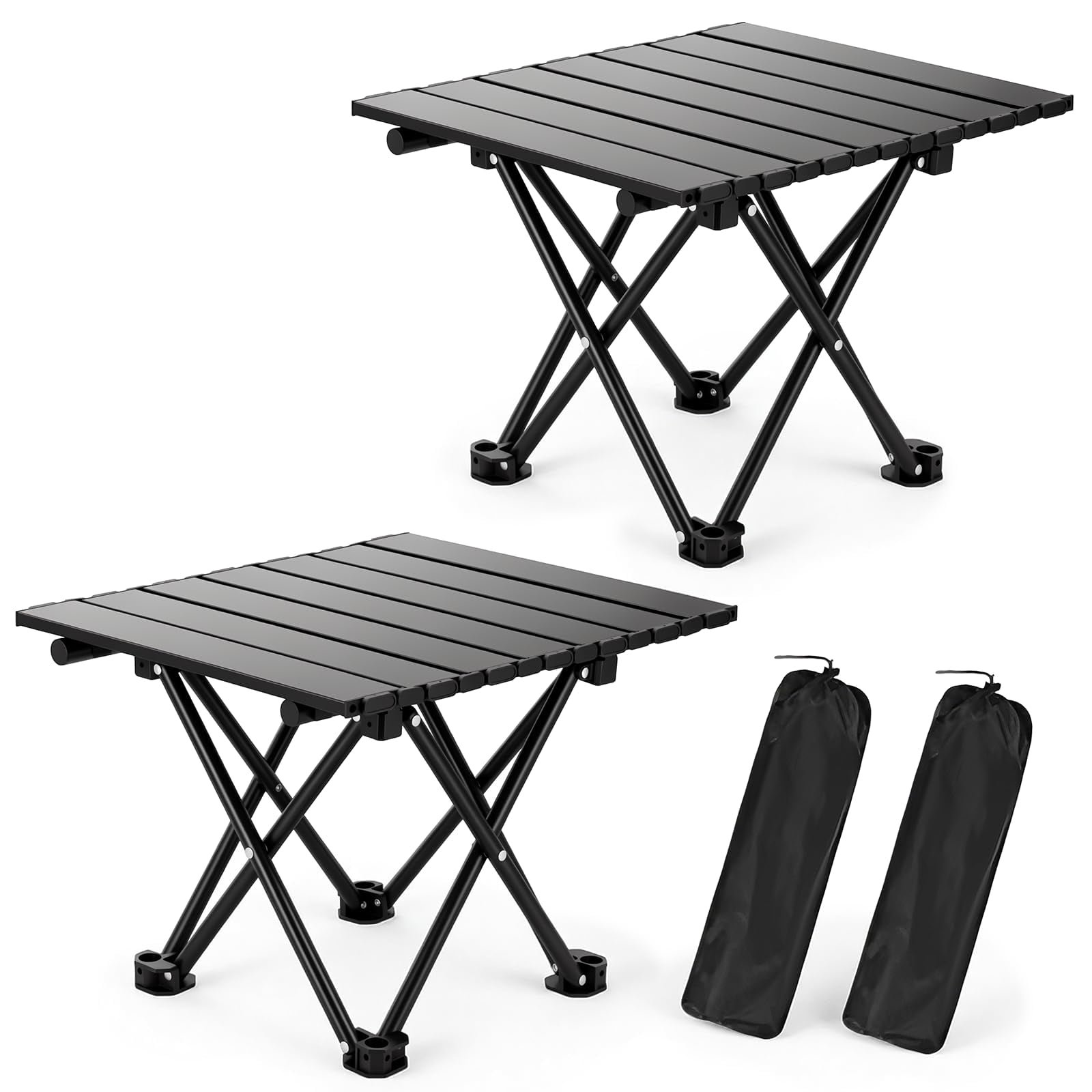 Rirool 2-Pack Small Black Foldable Camping Tables, 16.4-Inch Portable Metal Beach Side Tables with Carry Bags for Picnic, BBQ, Cooking, Festival, Boat, Patio, Travel and Outdoor Use