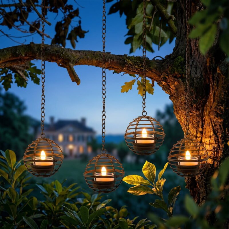 Rirool 4 Pack Solar Hanging Lanterns Outdoor Waterproof Rust Iron Ball Candle Holder Lights with Flickering Warm LED Tea Lights for Patio Garden Yard Fence Tree Porch Wedding Party Decor