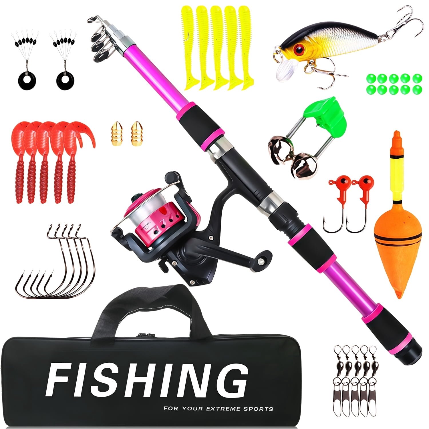 Rirool Kids Fishing Pole Set Pink, 1.8m Telescopic Rod and Spinning Reel Combo with Carry Bag, Lures, Hooks, Bobber and Tackle Accessories for Beginner Youth Freshwater Fishing