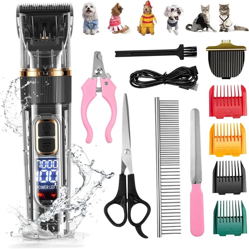 Rirool Cordless Pet Grooming Clipper Kit for Dogs and Cats, 3-Speed Low-Noise Rechargeable Trimmer with LED Battery Display, Washable Body, 4 Guide Combs and Lubricating Oil, Black