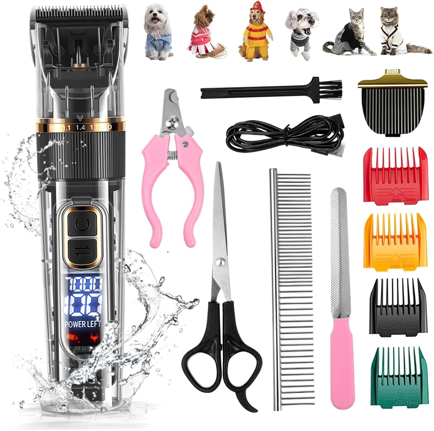 Rirool Cordless Pet Grooming Clipper Kit for Dogs and Cats, 3-Speed Low-Noise Rechargeable Trimmer with LED Battery Display, Washable Body, 4 Guide Combs and Lubricating Oil, Black