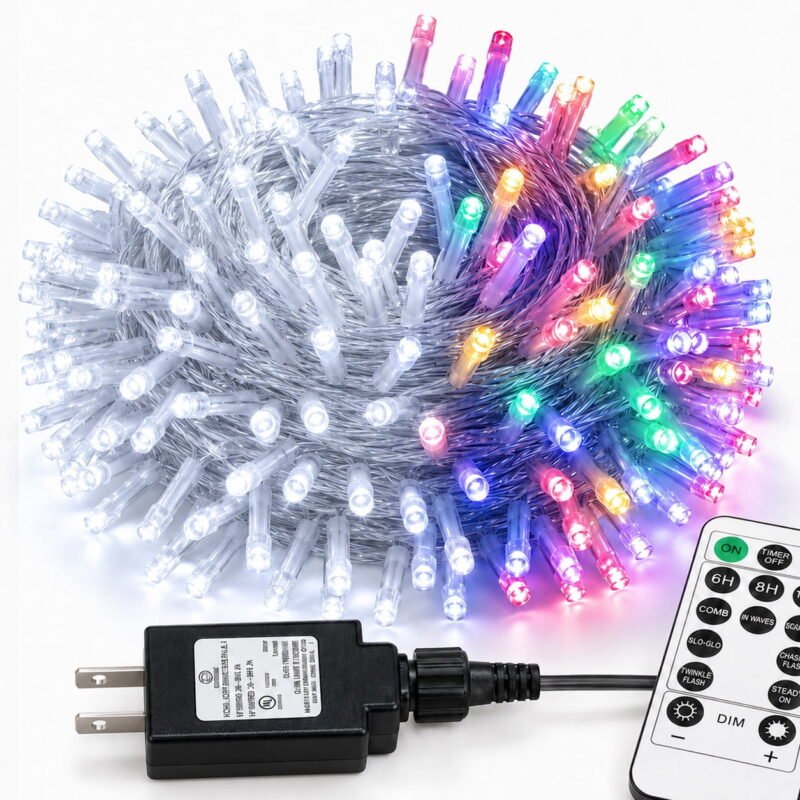 Rirool 66FT 200 LED Cool White to Multicolor Christmas String Lights, Plug-In Fairy Lights with Remote, 11 Modes, 4 Brightness Levels, IP44 Waterproof for Tree, Bedroom, Patio, Indoor Outdoor Decor
