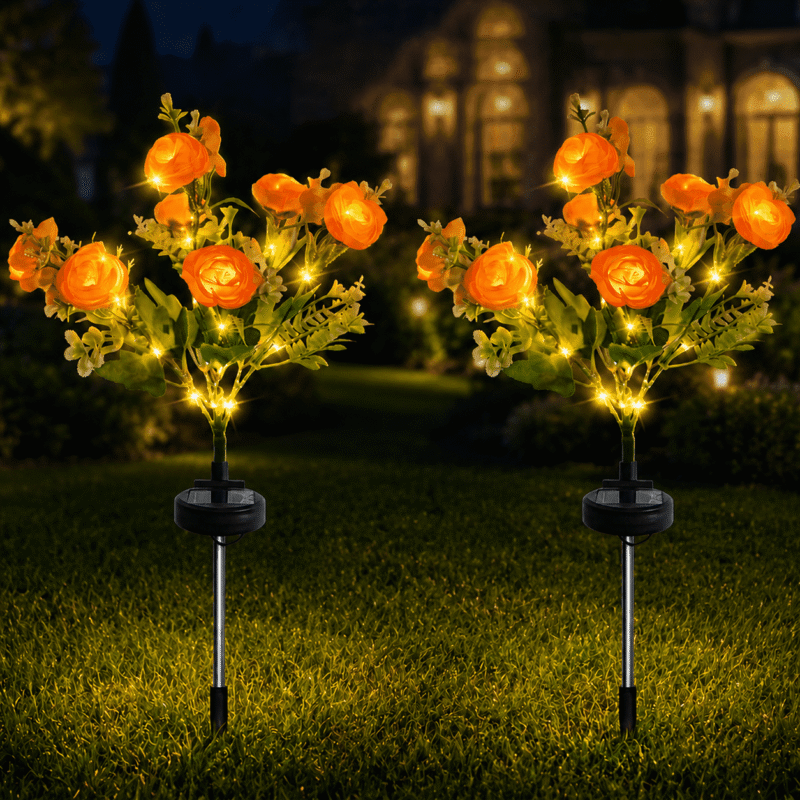 Rirool 2-Pack Orange Solar Peony Flower Garden Stake Lights, Warm White LED Outdoor Waterproof Decorative Lights with Auto On/Off for Yard Lawn Patio Pathway Walkway Flower Bed Decor