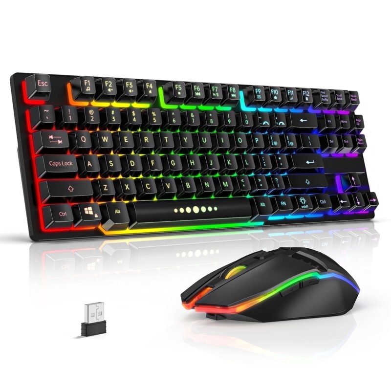 Rirool R905 Wireless 87-Key Gaming Keyboard and 6-Button Mouse Set with 2.4GHz USB Receiver, Rechargeable Batteries, Anti-Ghosting Keys, RGB Backlighting and Adjustable 800 1600 2400 DPI