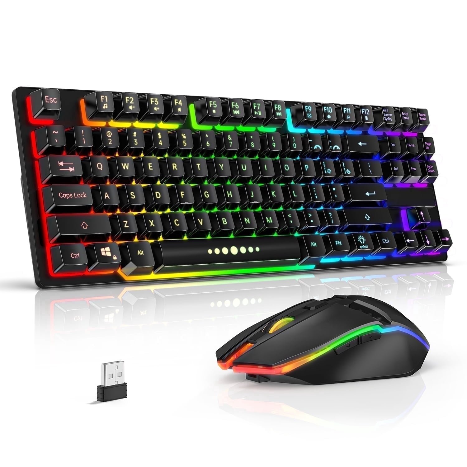 Rirool R905 Wireless 87-Key Gaming Keyboard and 6-Button Mouse Set with 2.4GHz USB Receiver, Rechargeable Batteries, Anti-Ghosting Keys, RGB Backlighting and Adjustable 800 1600 2400 DPI