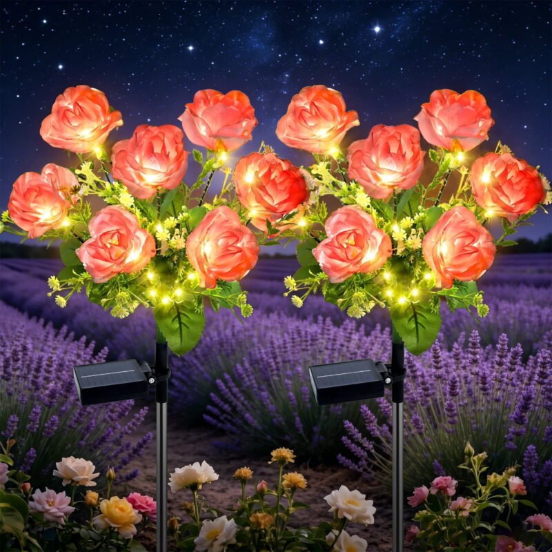 Rirool Solar Rose Garden Stake Lights, 7 Heads Pink Flower Solar Lights Outdoor Waterproof, 8 Modes Decorative Lights for Yard Lawn Patio Pathway, 2 Pack