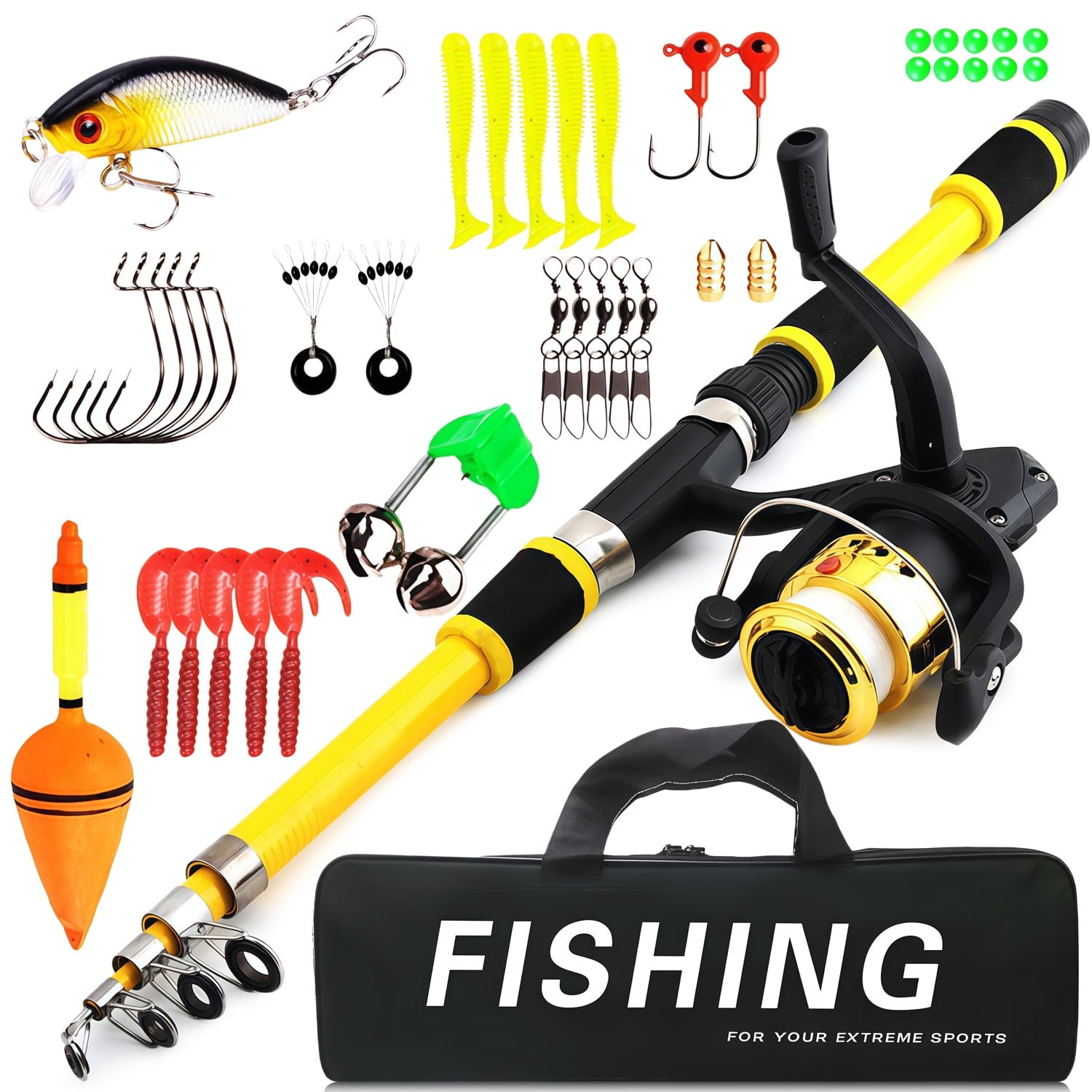 Rirool Kids Fishing Pole Set Yellow, 1.8m Telescopic Rod and Spinning Reel Combo with Carry Bag, High-Visibility Pole, Lures, Hooks and Accessories for Beginner Youth Freshwater Fishing