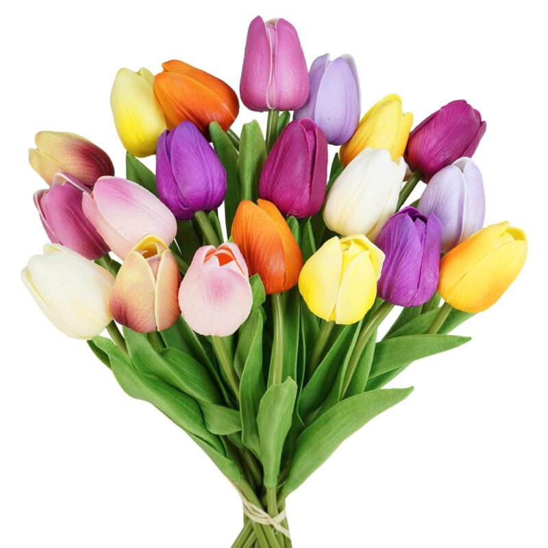 Rirool 20-Piece Multicolor Artificial Tulip Flower Set, 10 Colors with Two Stems Each, Real-Touch PU Faux Tulips for Home Table Centerpieces, Weddings, Parties and Seasonal Gift Decor