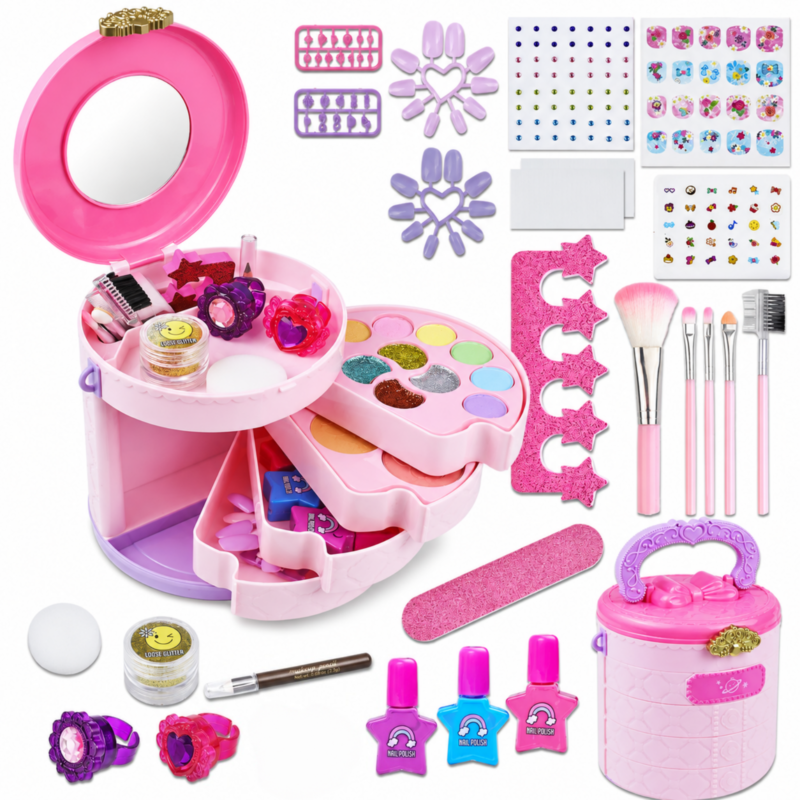 Rirool Kids Pretend Makeup Toy Set with Rotating Organizer, Mirror, Play Cosmetics, Brushes, Nail Accessories, Rings and Carry Container for Dress-Up Play, Birthday Gift for Girls Ages 5+