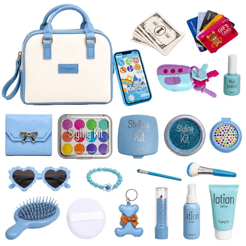 Rirool 38-Piece Blue Pretend Play Purse Set for Girls, Princess Fashion Handbag Toy with Phone, Wallet, Sunglasses, Bracelet, Keys, Makeup Accessories, Play Money and Cards Kids Gift
