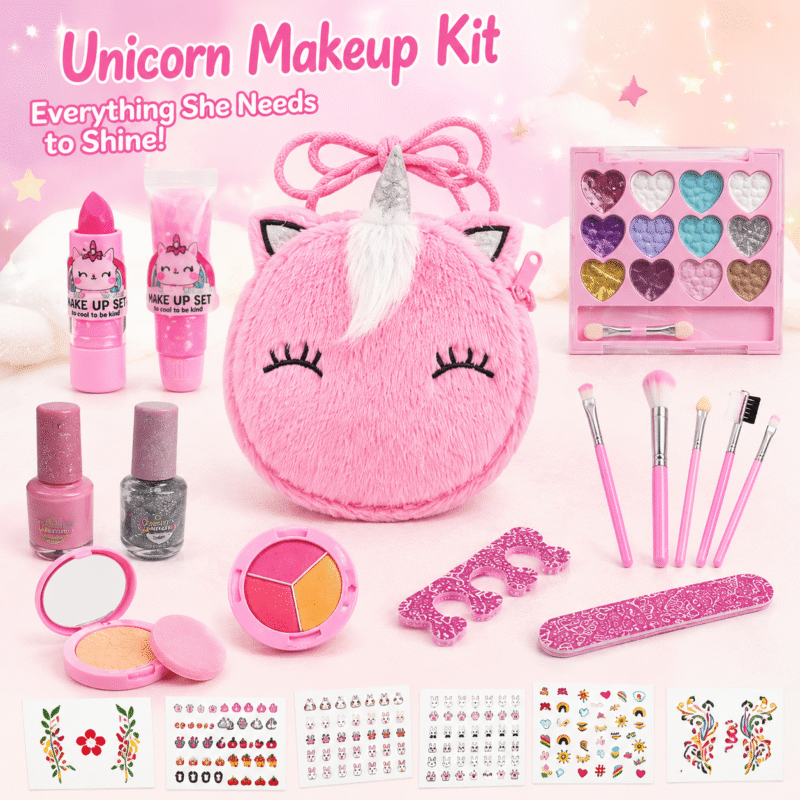 Rirool Unicorn Makeup Kit for Girls, Kids Washable Pretend Makeup Set with Plush Bag, Lipstick, Lip Gloss, Eyeshadow, Brushes, Nail Polish, Glitter Powder, Stickers, Birthday Gift