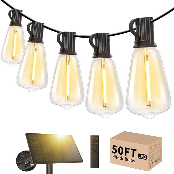 Rirool 50FT Solar S14 String Lights with 25 LED Bulbs and 2 Spare Bulbs, Outdoor Weather-Resistant Decorative Lighting for Patio, Garden, Party, Fence and Holiday DisplaysSuit