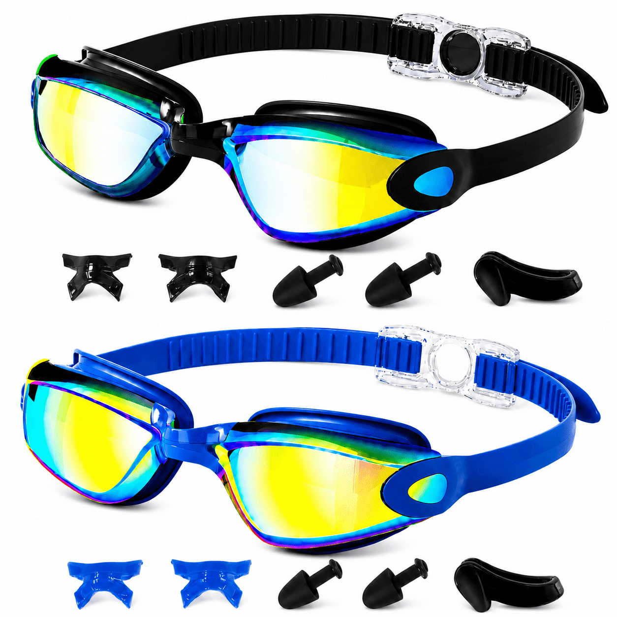 Rirool Swim Goggles 2 Pack, Blue and Black Anti-Fog Swimming Goggles with UV Protection, Soft Silicone Seal, Adjustable Strap and Wide View for Adults Teens Pool TrainingSuita